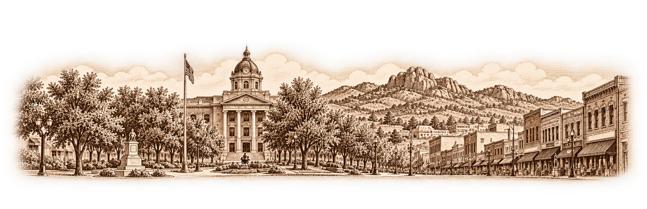 Original sepia illustration of Prescott’s courthouse, downtown storefronts and granite hills