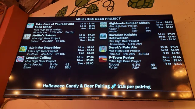 Mile High Beer Project screen showing eight house beers and three pour sizes