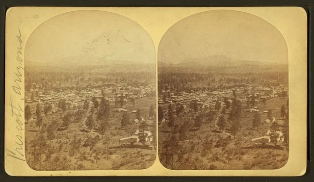 Paired elevated views of Prescott’s buildings, trees and surrounding hills from the southeast