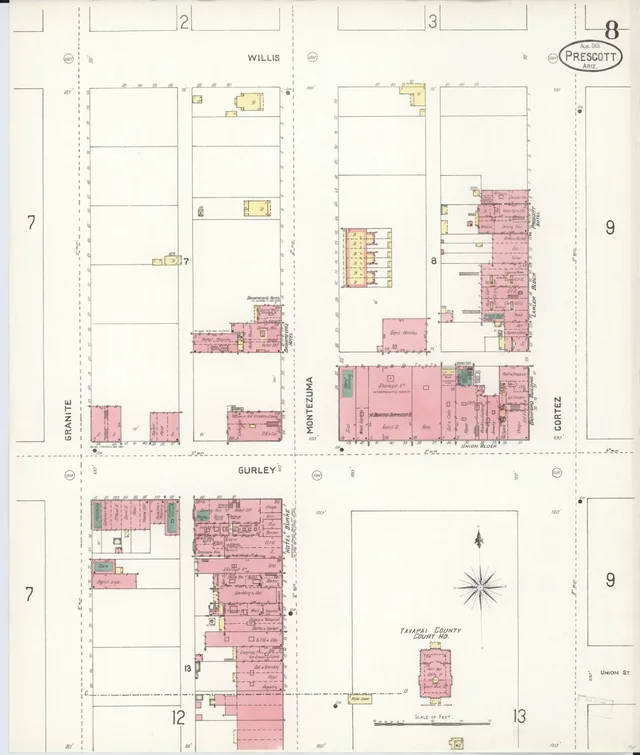 August 1901 Sanborn fire insurance map showing Montezuma Street, Gurley Street and Courthouse Plaza in downtown Prescott
