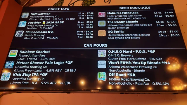 Mile High Beer Project board showing guest beers, beer cocktails, gluten-free options and non-alcoholic choices