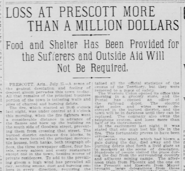 Headline and opening lines of the July 16, 1900 San Francisco Call report about the devastating Prescott fire